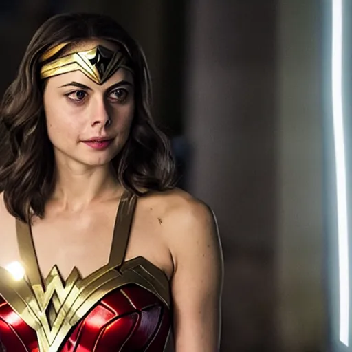 Prompt: film still of willa holland as an attractive wonder woman in the 2 0 1 7 film justice league, bleach - blonde - hair!!!!!!!!!!!!, focus - on - facial - details!!!!!!!!!!!!, minimal bodycon feminine costume, dramatic cinematic lighting, front - facing perspective, promotional art
