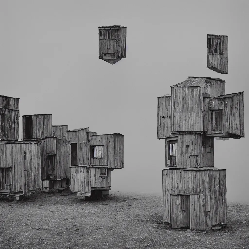 Prompt: two suspended towers made up of colourful makeshift squatter shacks, plain uniform sky at the back, misty, mamiya rb 6 7, ultra sharp, very detailed, photographed by uta barth