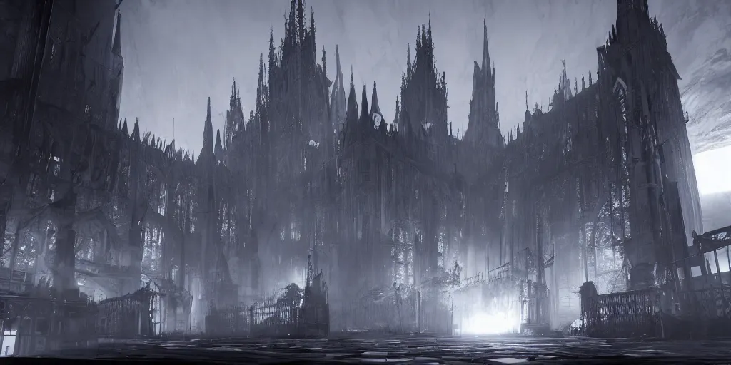 Image similar to grimdark tsutomu nihei aposimz gothic cathedral city, unreal engine, 8 k, ultra realistic, ultra detail