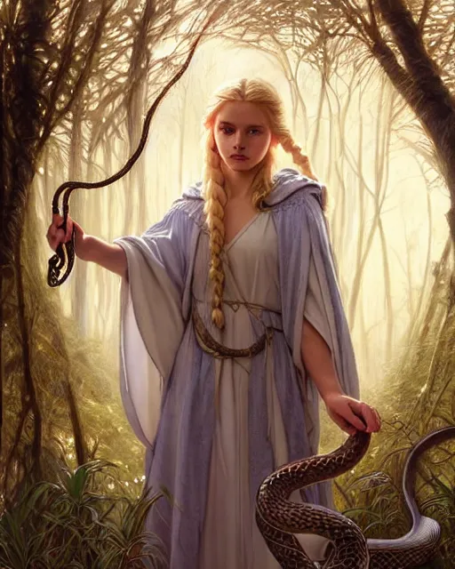Prompt: blonde braided hair young mage wearing a heavy cloak and chemise enchanting a snake in the forest, fantasy character portrait, ultra realistic, intricate, elegant, highly detailed, digital painting, artstaion, smooth, sharp, focus, illustration, art by artgerm and greg rutkowski and alphonse mucha