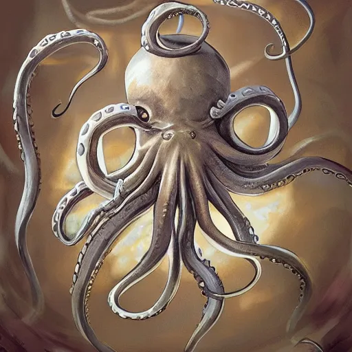 Prompt: Big octopus holds a small silver coin in its tentacles, trending on artstation, 30mm, by Noah Bradley