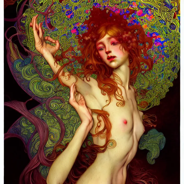 Prompt: extremely psychedelic warped LSD insanity, crazy divergent oddity, diffuse lighting, fantasy, intricate, elegant, highly detailed, lifelike, photorealistic, digital painting, artstation, illustration, concept art, smooth, sharp focus, art by John Collier and Albert Aublet and Krenz Cushart and Artem Demura and Alphonse Mucha