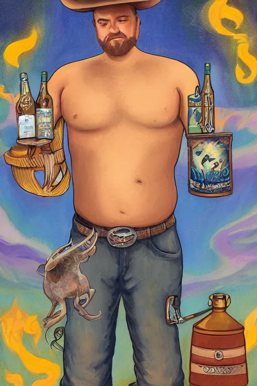 Image similar to an ethereal tarot card painting of a shirtles sly cowboy with a chubby build and beer belly hunched over | background is a serene campfire | tin cans and jugs of whisky | tarot card, art deco, art nouveau | by Mark Maggiori | trending on artstation