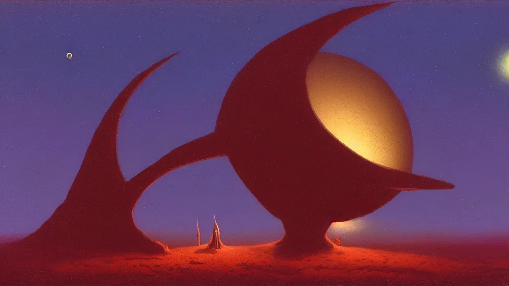 Image similar to mysterious whimsical sculpture of an alien crescent moon by paul lehr and john schoenherr and john harris, cinematic matte painting