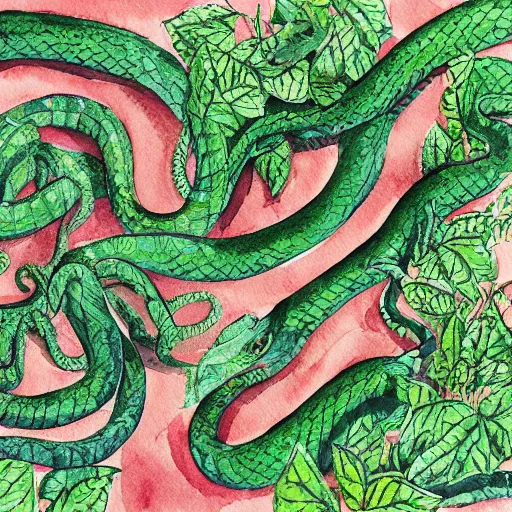 Prompt: a snake going through a hedge maze, pictured from above. Watercolor illustration.