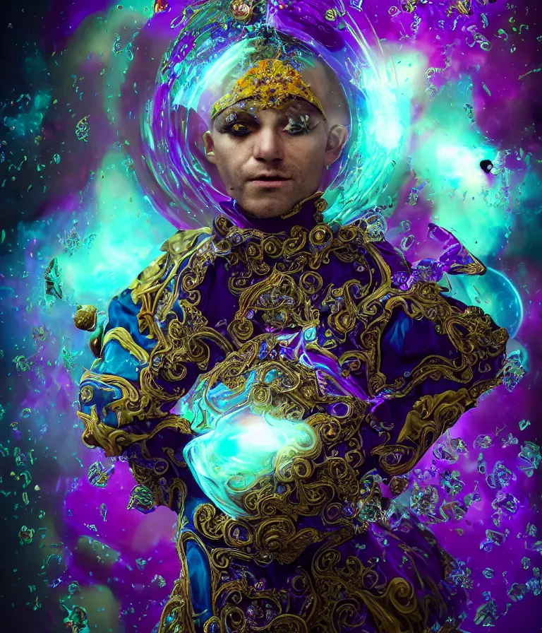 Image similar to impressive sublime front!! shot photo of a court jester character fine portrait fine portrait mesmerizing fractal hyper cubes platinum cracked dark future hyper dimensional space galactic crystal nebula edges elegant detailed intricate concept artstation sharp focus ray tracing cinematic masterpiece temporal corruption beeple wlop germ 8 4 k scifi glossy hyper realistic illustration canon eos r 3 fujifilm x - t 3 0 sony alpha a 6 6 0 0