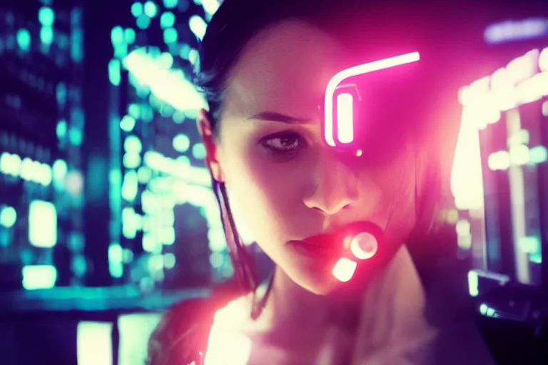 Image similar to cinematography closeup portrait of a gorgeous cyborg business woman in a cyberpunk apartment, neon lighting, night, by Emmanuel Lubezki