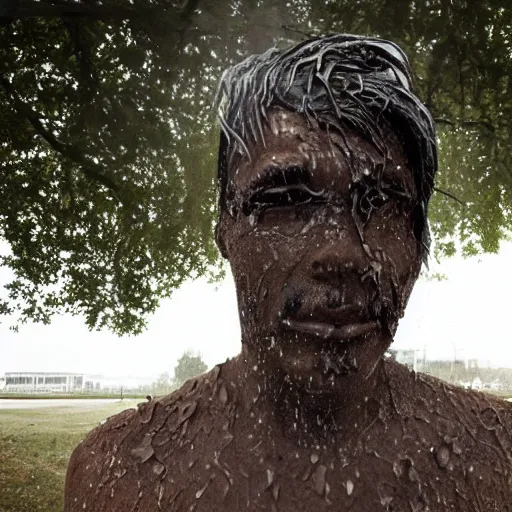 Image similar to The art installation shows a man caught in a storm, buffeted by wind and rain. He clings to a tree for support, but the tree is bent nearly double by the force of the storm. The man's clothing is soaked through and his hair is plastered to his head. His face is contorted with fear and effort. art nouveau by Ford Madox Brown, by Henri-Edmond Cross unplanned