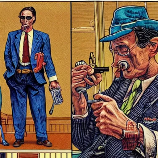 Image similar to The Artwork of R. Crumb and his Cheap Suit The-Godfather-with-a-gun, pencil and colored marker artwork, trailer-trash lifestyle