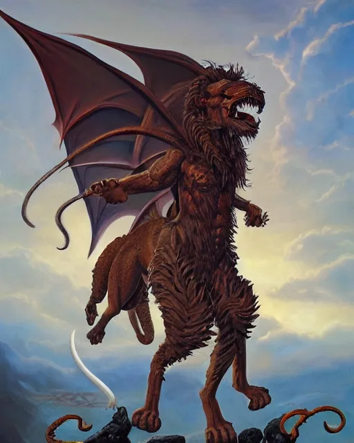 Prompt: oil painting of a mythical manticore, a legendary animal with the head of a man, the body of a lion, and the tail of a dragon or scorpion. in the style of michael whelan, darryl k. sweet, trending on artstation