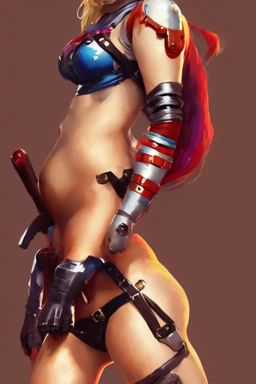 Prompt: portrait of Harley Quinn in bikini armor, huge soft fat belly sticking out 2 feet vertically, dc comics, side profile, cyberpunk, Warhammer 40000, dark fantasy, digital art from artstation by Ruan Jia and Mandy Jurgens and Artgerm and william-adolphe bouguereau