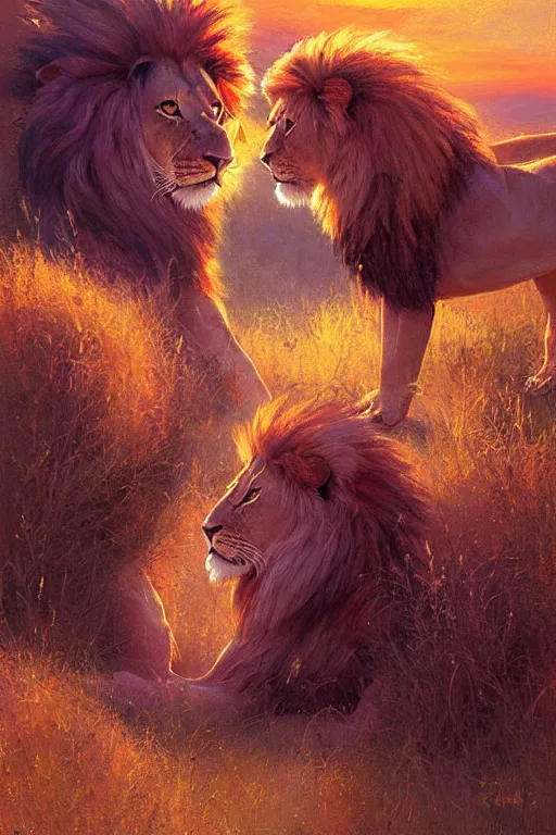 Image similar to spiritual twin flame lion art, pink sunset hue, highly detailed, oil painting hue, by craig mullins