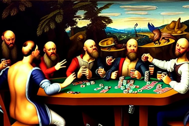 Image similar to velociraptors playing poker on a bar while drinking beer, in the style of a renaissance painting.