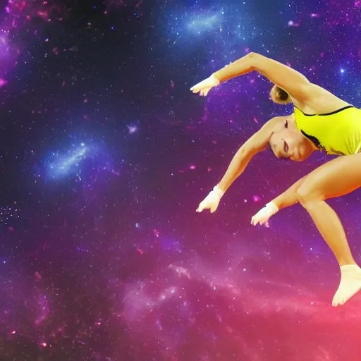 Prompt: athlete using gymnastic rings, cosmic nebula background, dramatic digital art trending on artstation