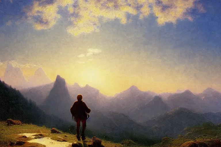 Prompt: a traveler wandering trough the mountains looking at the clouds, hyperdetailed, focused, oil painting, cinematic lighting, albert bierstadt, trending on artstation, colorful, canvas, sunset, hans dahl, theodor kittelsen, hermann hendrich, national geographic, Konstantin Yakovlevich Kryzhitsky, beautiful nature