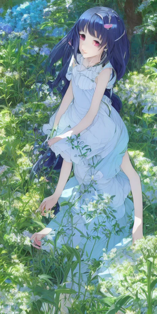 Prompt: a digital art of a loli with long hair in a dress in the privet garden at after noon, green and blue and warm theme, back lighting, highly detailed, 4 k resolution, trending on art station, elegant, by krenz cushart and mucha and akihito yoshida and greg rutkowski and makoto shinkai