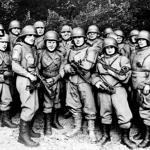 Prompt: world war 2 photograph of a single warhammer 4 0 k space marine taking posing with american troops, rosenthal, baltermants, kerlee, vaccaro