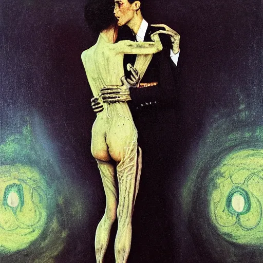 Prompt: two lovers wearing a suit made of nervous system, channeling third eye energy, surrounded by a background of dark cyber mystic garden of earthly delights, midnight hour, muted cold colors, painted part by wojciech siudmak, part by francisco goya, part by norman rockwell, part by hype wiliams, artstation