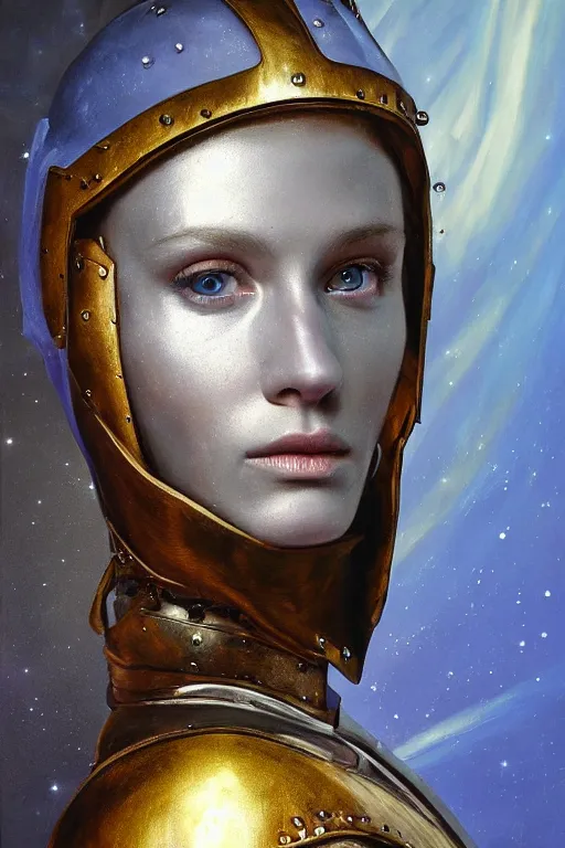 Image similar to hyperrealism oil painting, close - up portrait of european medieval blond fashion model, knight, steel gradient mixed with nebula sky, in style of baroque