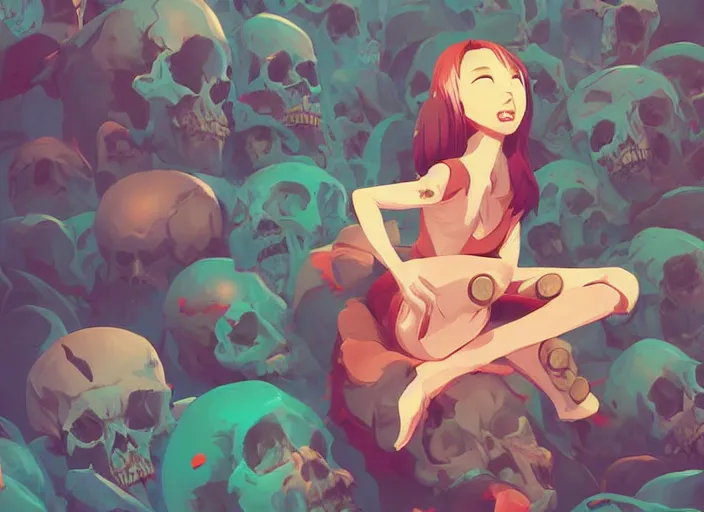 Image similar to cute smiling demon sitting on a pile of skulls. clean cel shaded vector art. behance hd by lois van baarle, artgerm, helen huang, by makoto shinkai and ilya kuvshinov, rossdraws, illustration, art by ilya kuvshinov