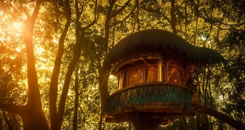 Image similar to An incredibly beautiful close-up shot from a 2022 fantasy film featuring a character sitting in a cozy art nouveau reading nook inside a fantasy treehouse. Golden Hour. 8K UHD.