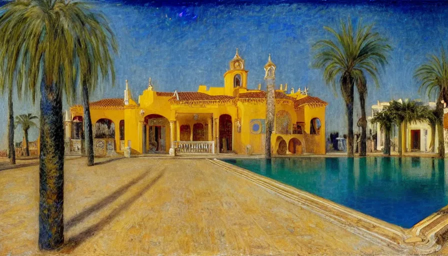 Image similar to a 1 9 9 8 southern spain palace!!! costa blanca, designed by jules bastien - lepage, bispo do rosario, arnold bocklin, tarsila do amaral and gustave baumann, cheval michael, warm, mediterranean, star, sharp focus, colorful refracted sparkles and lines, soft light, 8 k 4 k