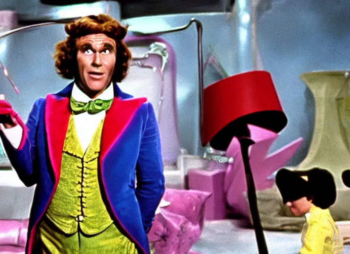 Prompt: film still of Will Farrel as Willy Wonka in Willy Wonka and the Chocolate Factory 1971