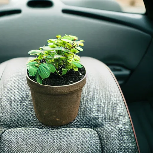 Image similar to small plant on a car back seat, photograph