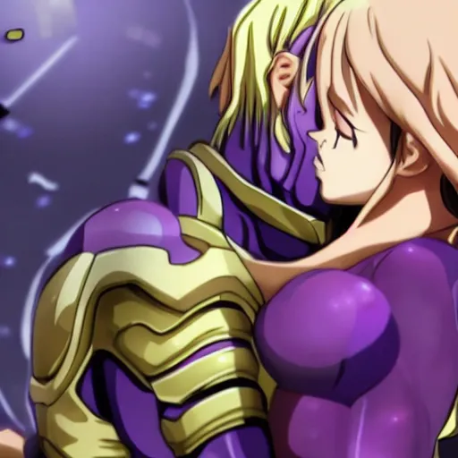 Prompt: thanos hugging his anime girl, extreme detail, epic focus, 4 k, anime style,