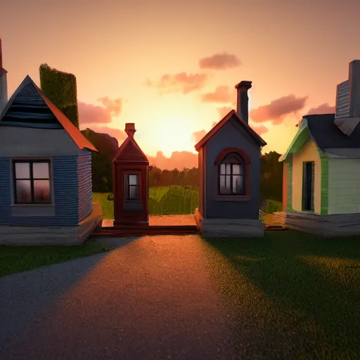 Prompt: clue houses, vaponpunk, sunset, 8k, soft light, ray tracing, wet ground