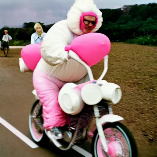 Image similar to a martin parr photo of a grandpa couple, wearing michelin man white body costumes, going super fast on a pink pig, 1 9 7 0 s kodachrome colour photo, flash on camera,