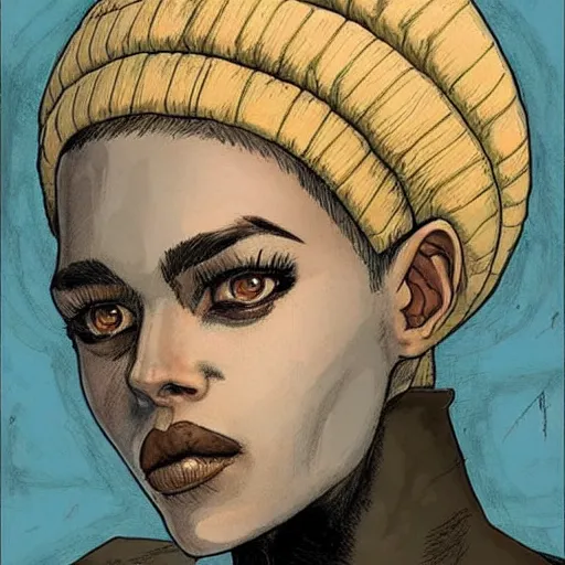 Image similar to intricate portrait, pure skin, short blue hair, in the style of enki bilal!