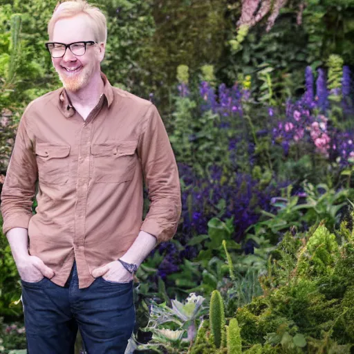 Image similar to professional photograph of Adam Savage smiling in a garden