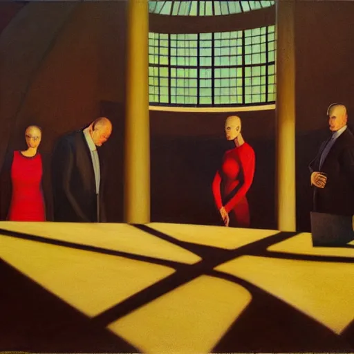 Image similar to three brutalist judges with glowing eyes, inside a dome, pj crook, grant wood, edward hopper, syd mead, chiaroscuro, oil on canvas