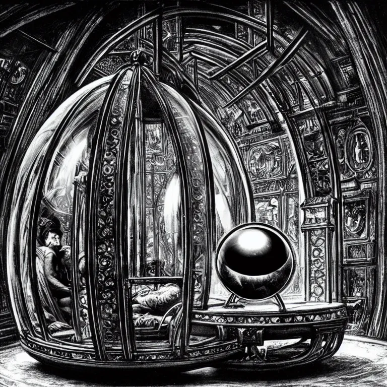 Prompt: A man huddled and sleeping in a glass ball, it sits in a elaborate throne room, wide angle shot, by H.R. Giger.