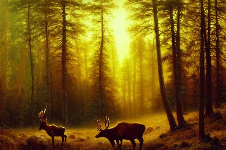 Image similar to winter forest meadow, wild elk, creek, radiant light, warm, oil on canvas, artstation, albert bierstadt