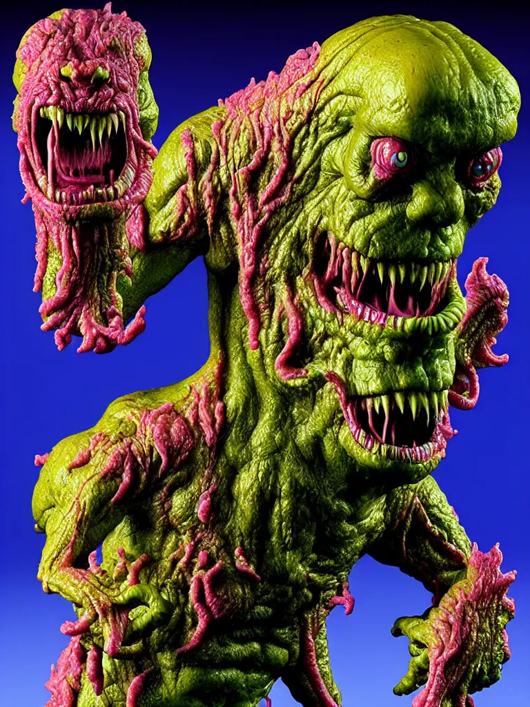 Prompt: hyperrealistic rendering, fat smooth wet cronenberg flesh monster smooth kaiju by art of skinner and richard corben and jeff easley, product photography, action figure, sofubi, studio lighting, colored gels