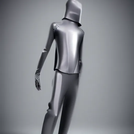 Prompt: realistic photo, alien top model wearing futuristic high fashion clothes, rick owens, demobaza, in a blend grey background