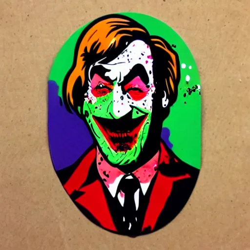 Image similar to die cut sticker, saul goodman wearing the joker suit, splatter paint