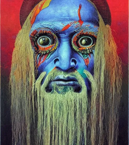 Image similar to Portrait painting in a style of Beksinski mixed with Alex Grey of an old shaman dressed in a colorful traditional clothes. psychodelic