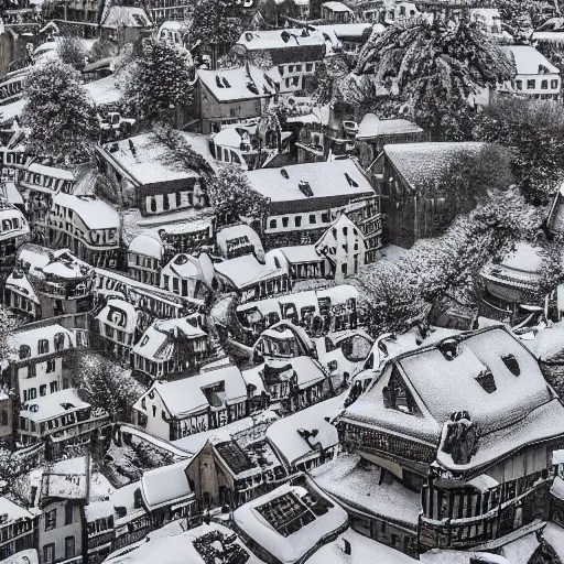 Prompt: an ultra detailed black and white tarot card of the quaint town of galic, grid shaped city cobblestone streets, fantasy city, the morning after a heavy snowfall, wind, inspiring gothic architecture, ultrawide lense, aerial photography, unreal engine, exquisite detail, 8 k, art by greg rutkowski and alphonse mucha