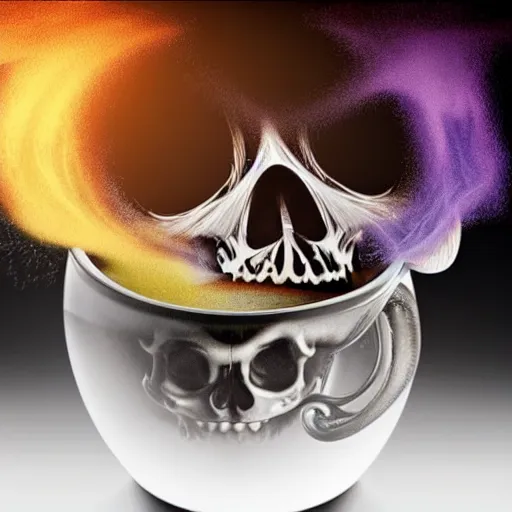 Image similar to a beautiful detailed 3 d matte whirlpool in a cup of coffee on a desk, ominous, magical realism, texture, intricate, skull, skeleton, whirling smoke radiant colors, fantasy, volumetric lighting, high details