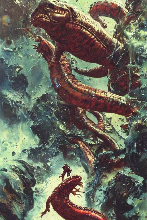 Prompt: huge slimy salamander attacks, dynamic action on alien planet, by norman rockwell, jack kirby, jon berkey, earle bergey, craig mullins, ruan jia, jeremy mann, tom lovell, marvel, astounding stories, 5 0 s pulp illustration, scifi, fantasy