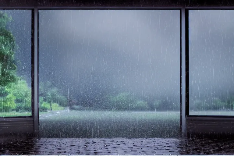 Image similar to rainstorm, view from inside, porch, rain on the streets, street lights, photo realistic,