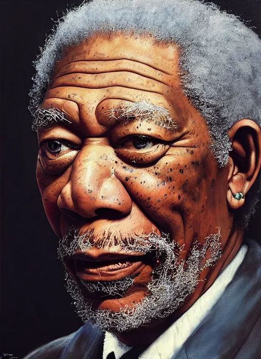 Image similar to morgan freeman as saurman, by alan lee, lord of the rings, smooth, oil painting, matte painting, concept art, trending on artstation, promotional artwork, film still, elegant, photorealistic facial features, intricate, detailed face, cinematic lighting