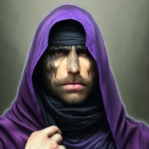 Image similar to ultra realistic illustration, man in a black hood, in a striped purple balaclava, mysterious, highly detailed, digital painting, artstation, concept art, smooth, sharp focus, illustration, art by artgerm and greg rutkowski and alphonse mucha