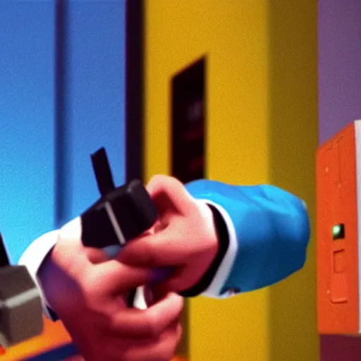 Prompt: a still of the movie punch - drunk love, 1 9 9 7 blast corps graphics nintendo 6 4 visuals aesthetic