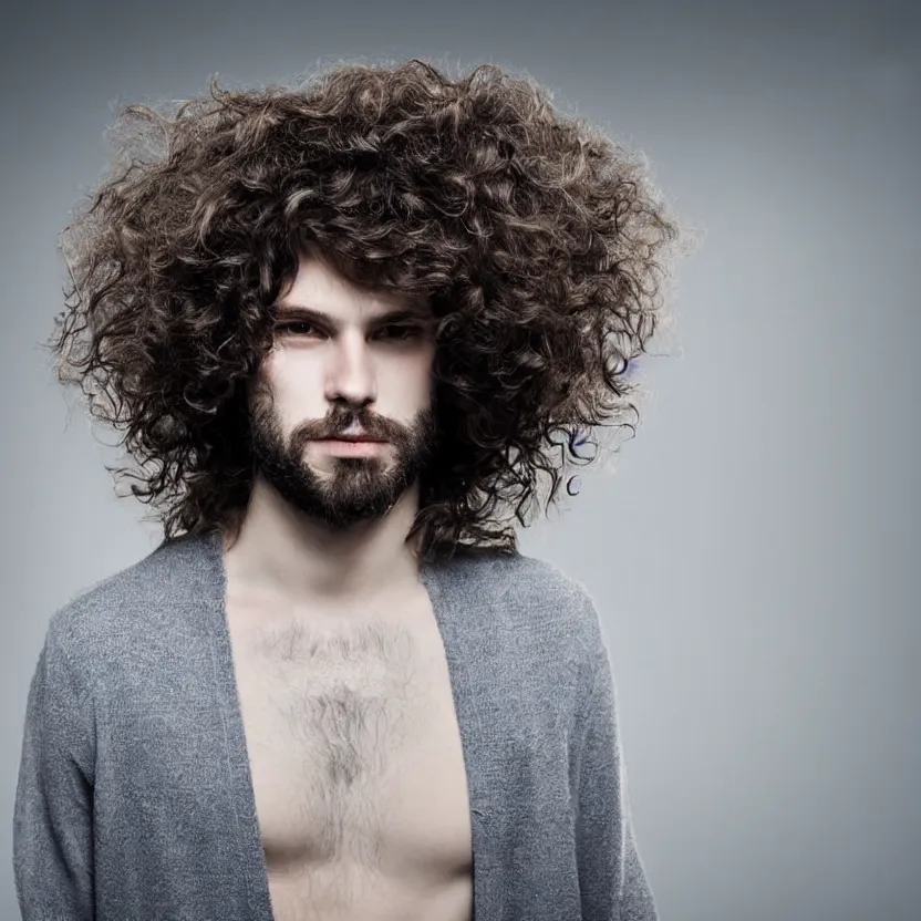 Image similar to portrait of a man, long curly hair, top lighting