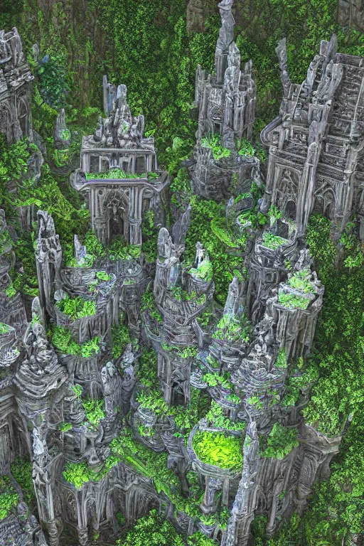 Prompt: ancient fractal temple megastructure in the hanging gardens of a radiant cathedral, overgrown garden,, scanned earth terrain bridges, erosion algorithm landscape, by albert bierdstat, by glenn small, high fantasy, high resolution, photorealism, populated by luminous beings, god rays in volumes of fog, looking up perspective