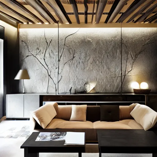 Image similar to lounge and dining room, stone, interior design, stylish luxury hotel living room design, yakisugi, black vertical slatted timber, textures, feminine, black walls, art, Japanese pottery vase with flowers, kakejiku, seasonal, Japanese influences